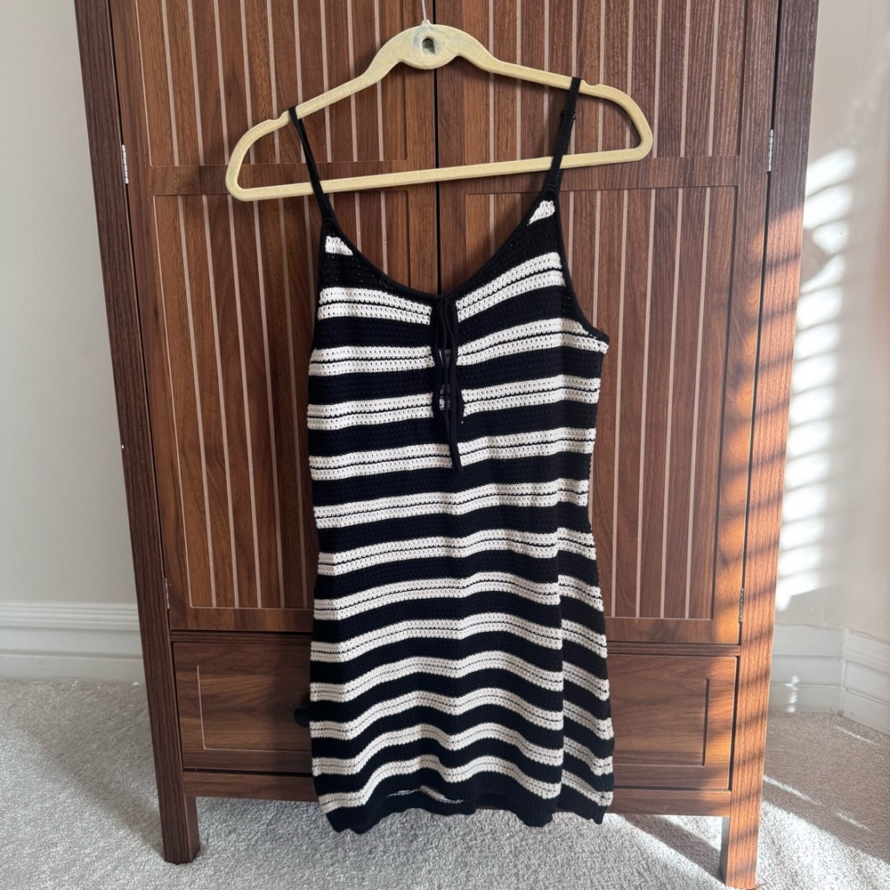 Black and Cream Crochet Mini Dress with Keyhole